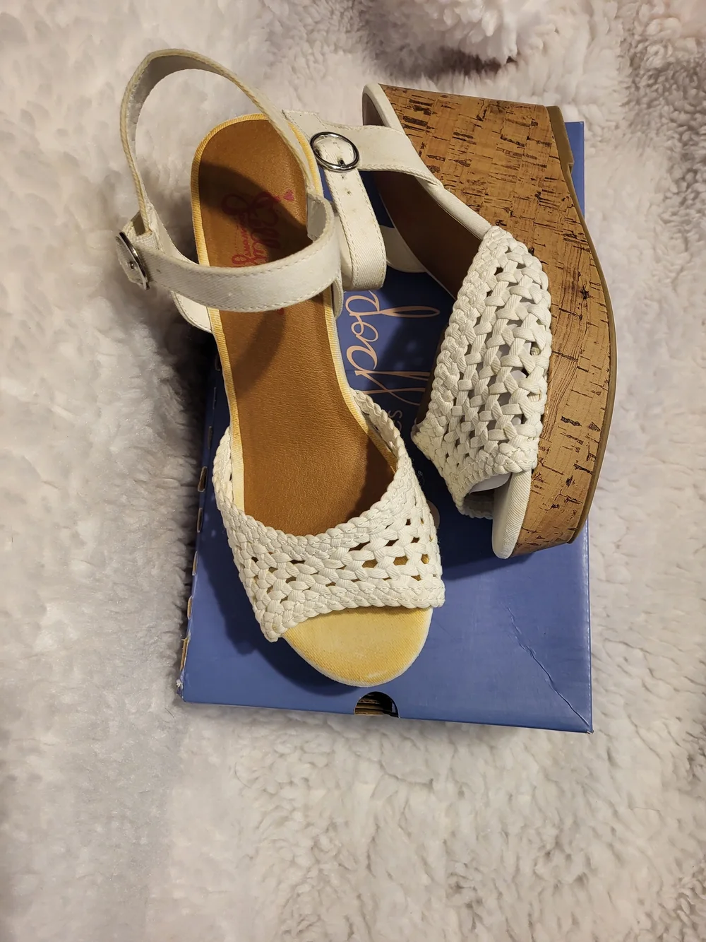 Jellypop White Woven Cork Platform Wedges with Ankle Strap